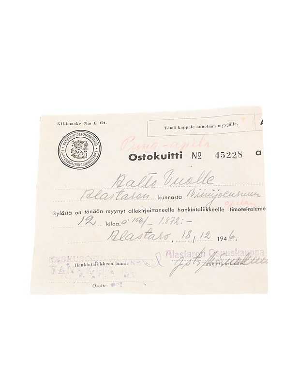 Alastaron Osuuskauppa ostokuitti No 45228, 18.12.1946 - Koriste-esineet - 10105165418 - 0