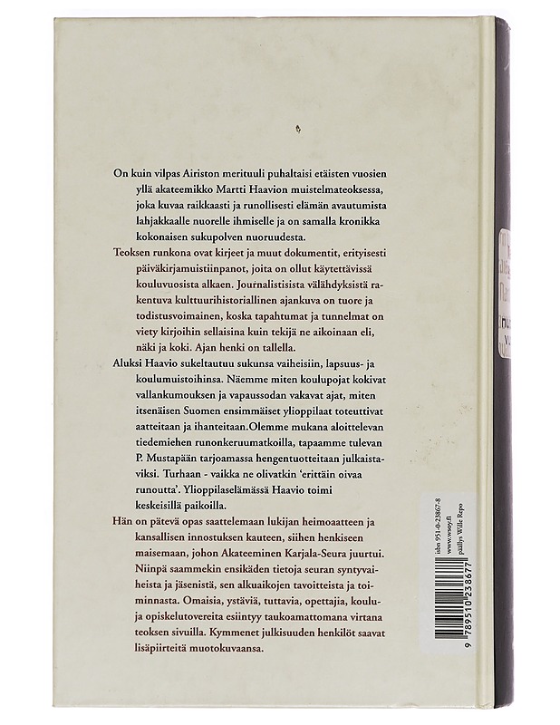 Nuoruusvuodet : kronikka vuosilta 1906-1924 - Martti Haavio - Elämäkerrat ja muistelmat - 10105278020 - 1