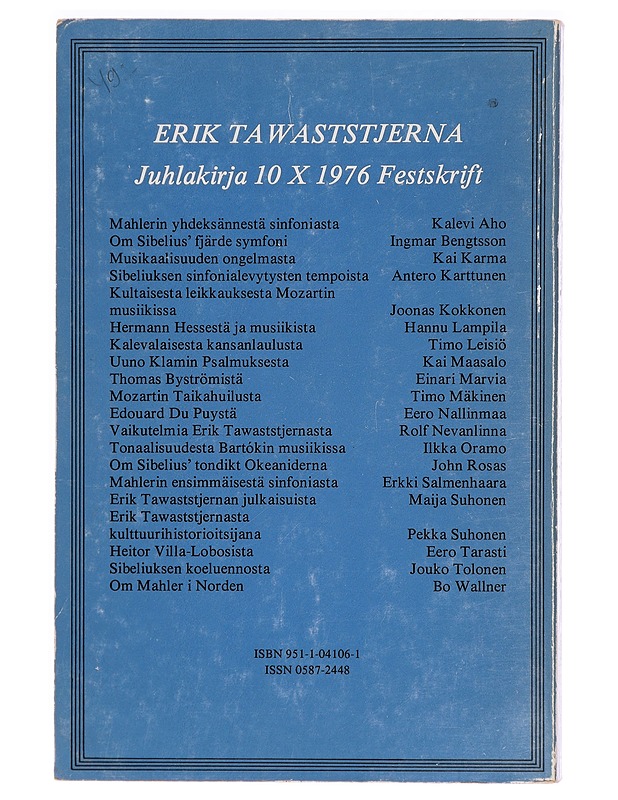 Juhlakirja Erik Tawaststjernalle 10 X 1976 = Festskrift till Erik Tawaststjerna - Erkki Salmenhaara - Musiikki- ja elokuvakirjat - 10105280987 - 1