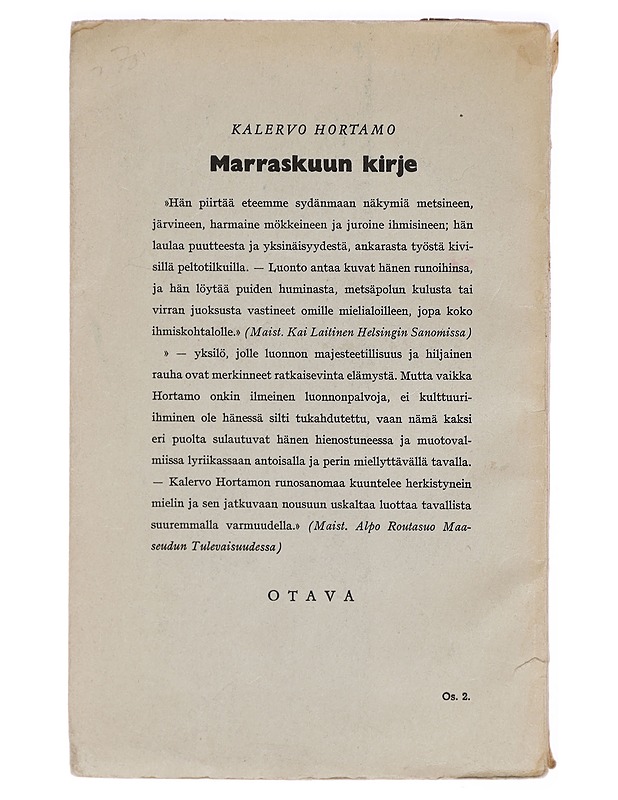 Marraskuun kirje : runoja - Kalervo Hortamo - Runot ja näytelmät - 10105292255 - 1