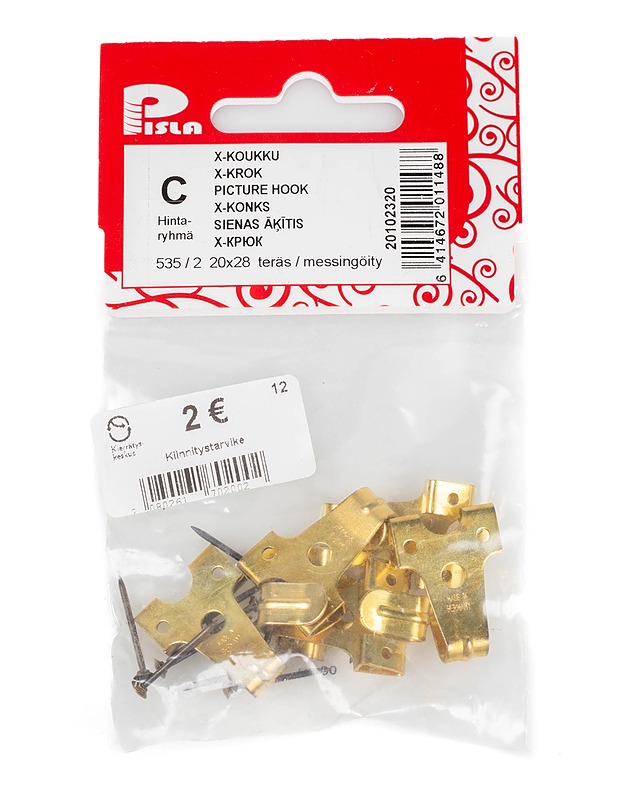 PISLA X-koukku kiinnitysnauloilla 20x28mm messingöity 6kpl - Muut urheiluvälineet ja vapaa-aika - 10105318344 - 0