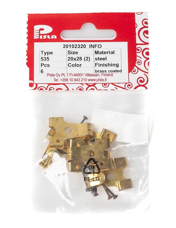 PISLA X-koukku kiinnitysnauloilla 20x28mm messingöity 6kpl - Muut urheiluvälineet ja vapaa-aika - 10105318344 - 1