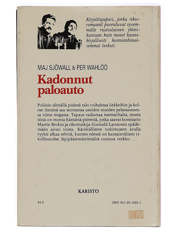 Kadonnut paloauto : romaani rikoksesta - Sjöwall, Maj - Jännitys ja dekkarit - 10105332088 - 1