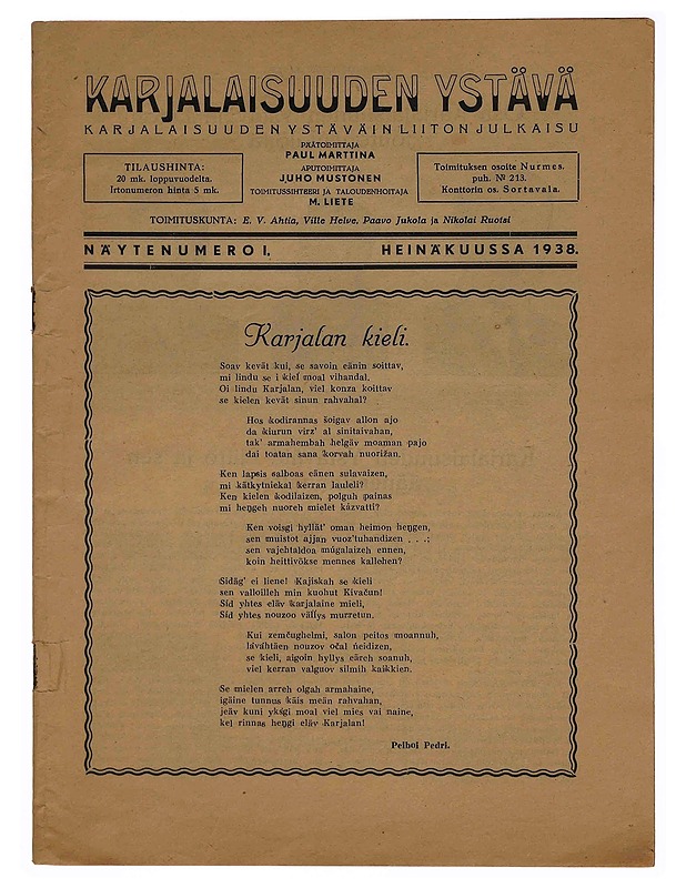 Karjalaisuuden Ystävä Näytenumero 1/1938 - Lehdet - 10105364381 - 0