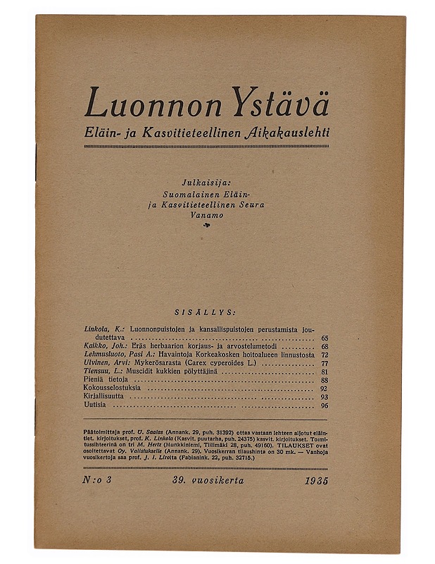 Luonnon Ystävä: Eläin- ja Kasvitieteellinen Aikakauslehti 3/1935 - Lehdet - 10105369098 - 0