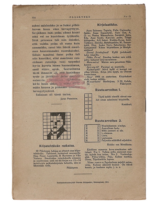 Pääskynen n:o 21 marraskuu 1919 - Helmi Krohn - Lehdet - 10105383035 - 1