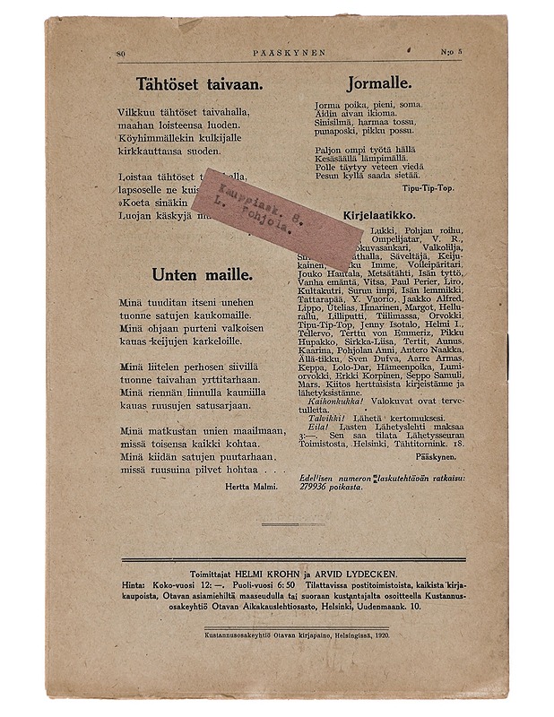 Pääskynen n:o 5 maaliskuun 1 p. 1920 - Helmi Krohn - Lehdet - 10105383051 - 1