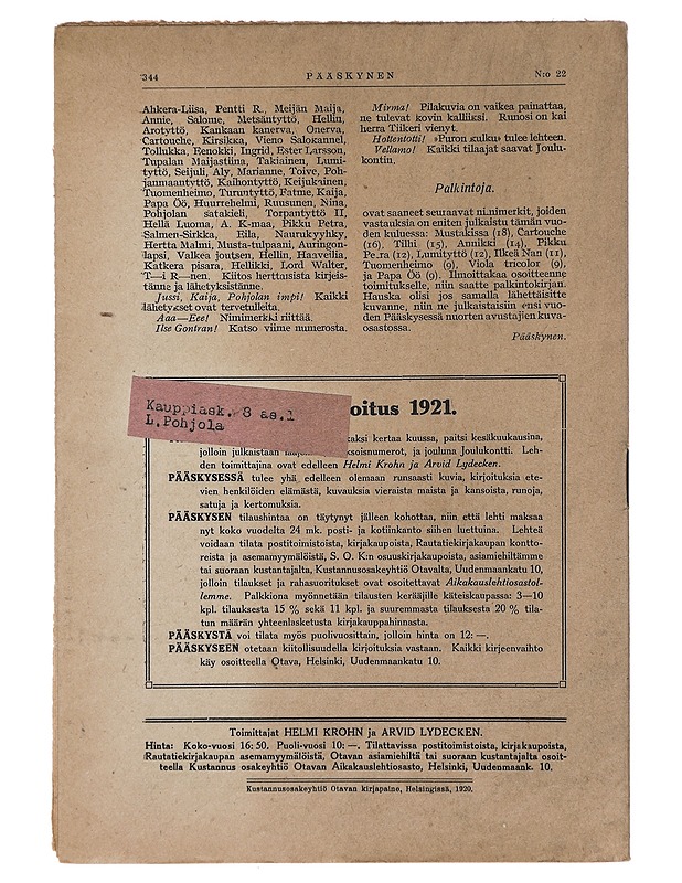 Pääskynen n:o 22 marraskuun 15 p. 1920 - Helmi Krohn - Lehdet - 10105383054 - 1