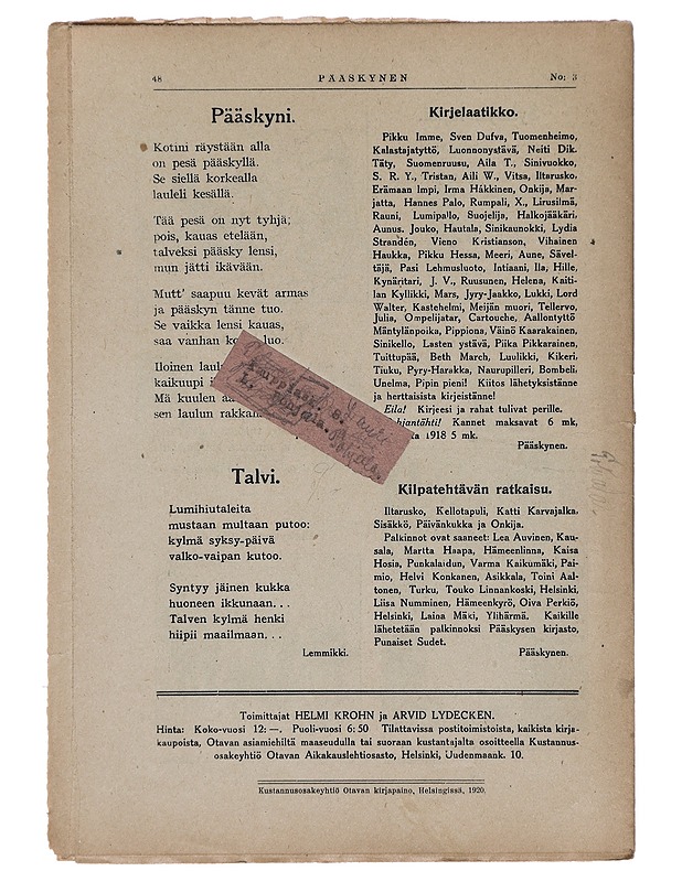 Pääskynen n:o 3 kelmikuun 1p. 1920 - Helmi Krohn - Lehdet - 10105383057 - 1