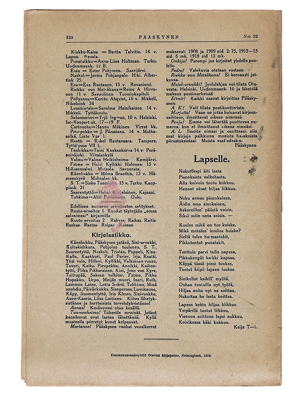 Pääskynen n:o 22 marraskuu 1919 - Helmi Krohn - Lehdet - 10105383079 - 1