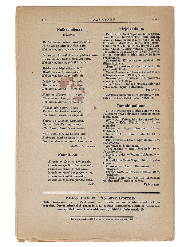 Pääskynen n:o 7 huhtikuun 1 p. 1920 - Helmi Krohn - Lehdet - 10105383106 - 1