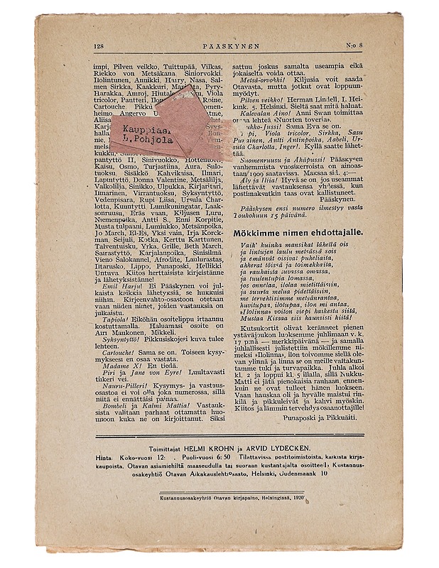 Pääskynen n:o 8 huhtikuun 15 p. 1920 - Helmi Krohn - Lehdet - 10105383110 - 1