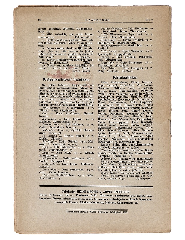 Pääskynen n:o 6 maaliskuun 15 p. 1920 - Helmi Krohn - Lehdet - 10105383118 - 1
