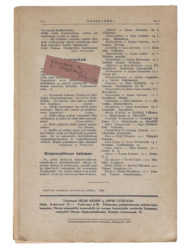 Pääskynen n:o 4 helmikuun 15 p. 1920 - Helmi Krohn - Lehdet - 10105383122 - 1