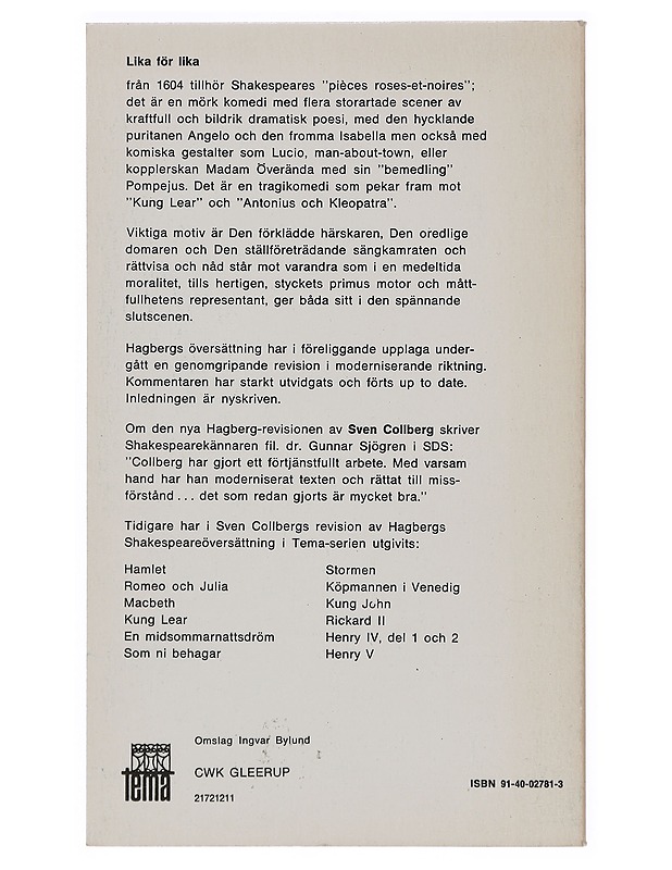 Lika för lika - Shakespeare, William - Runot ja näytelmät - 10105386360 - 1
