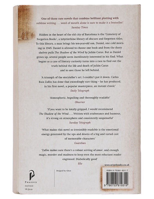 The shadow of the wind - Ruiz Zafón, Carlos - Romaanit ja novellit - 10105391266 - 1
