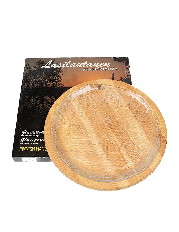 MUURLAN LASI lasilautanen joutsen-aiheella ja puualustalla - Tarjoiluastiat - 10105398985 - 0