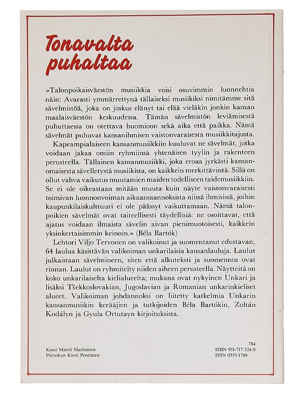Tonavalta puhaltaa : unkarilaisia kansanlauluja - valikoinut ja suomentanut Viljo Tervonen - Tietokirjat ja oppaat - 10105400612 - 1