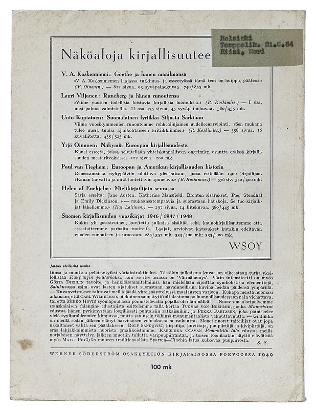 Näköala : Suomen kirjallisuuden vuosikirja 1949/3. nide - Aaro Hellaakoski - Runot ja näytelmät - 10105404712 - 1