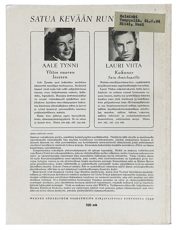 Näköala : Suomen kirjallisuuden vuosikirja 1949/2. nide - Aaro Hellaakoski - Runot ja näytelmät - 10105404717 - 1