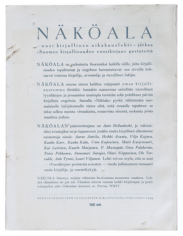 Näköala : Suomen kirjallisuuden vuosikirja 1949/1. nide - Aaro Hellaakoski - Runot ja näytelmät - 10105404775 - 1