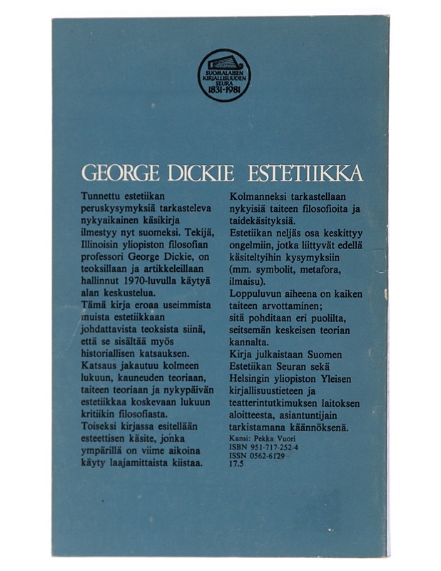 Estetiikka : tutkimusalue, käsitteitä ja ongelmia - Dickie, George - Tietokirjat - 10105405931 - 1