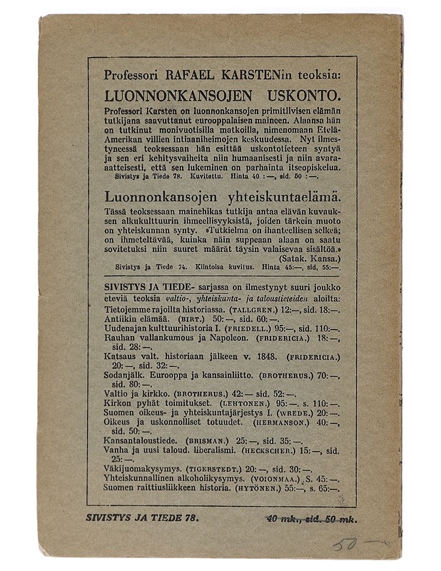 Luonnonkansojen uskonto - Karsten, Rafael - Historiakirjat - 10105409213 - 1