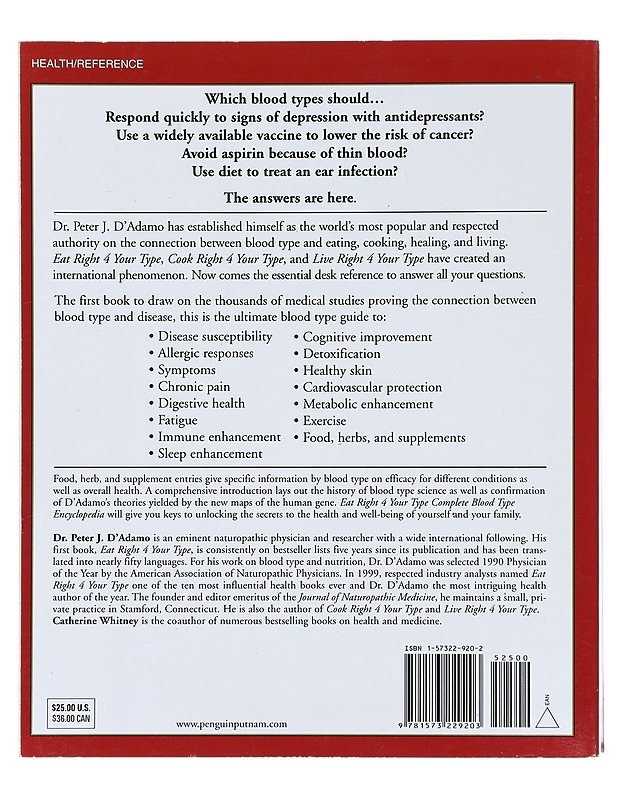 Eat Right 4 Your Type : Complete Blood Type Encyclopedia - D'Adamo, Peter J. - Tietokirjat ja oppaat - 10105426099 - 1