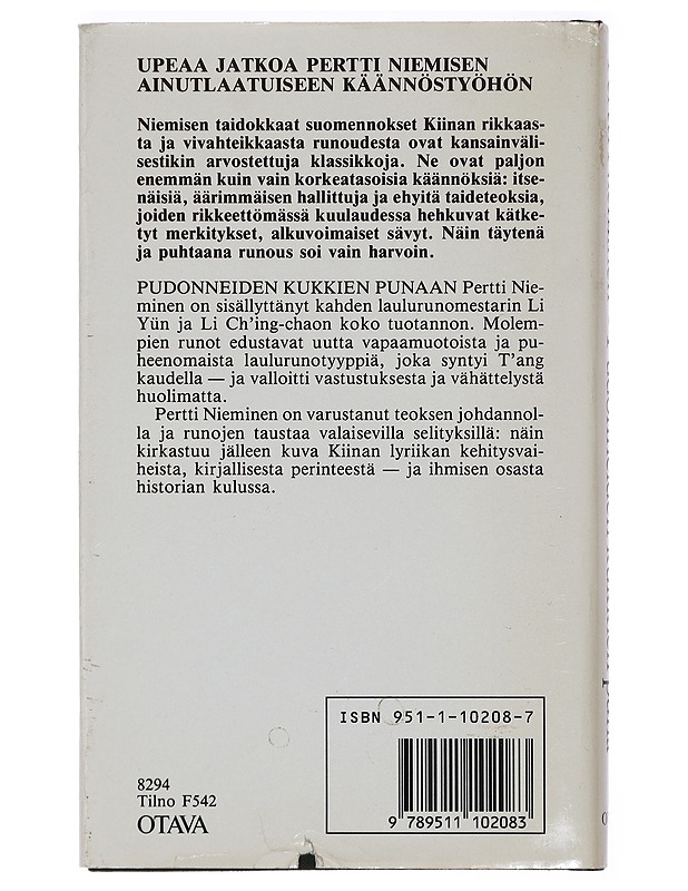 Pudonneiden kukkien puna : Li Yün ja Li Ch'ing-chaon runot - Li, Yü - Romaanit ja novellit - 10105430208 - 1