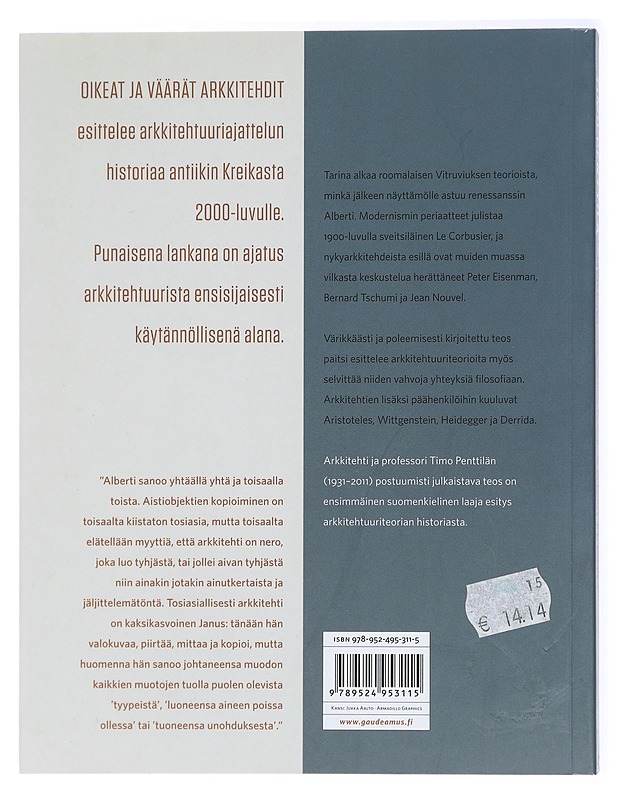 Oikeat ja väärät arkkitehdit : 2000 vuotta arkkitehtuuriteoriaa - Timo Penttilä - Historiakirjat - 10105434274 - 1