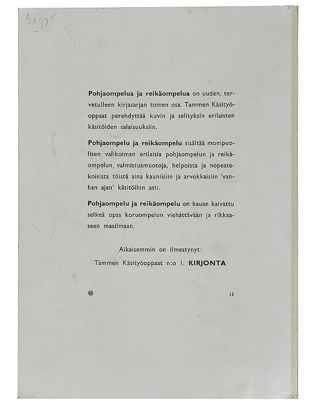 Tammen käsityöoppaat N:o 2 : Pohjaompelua ja reikäompelua - Taide- ja kulttuurikirjat - 10105441271 - 1