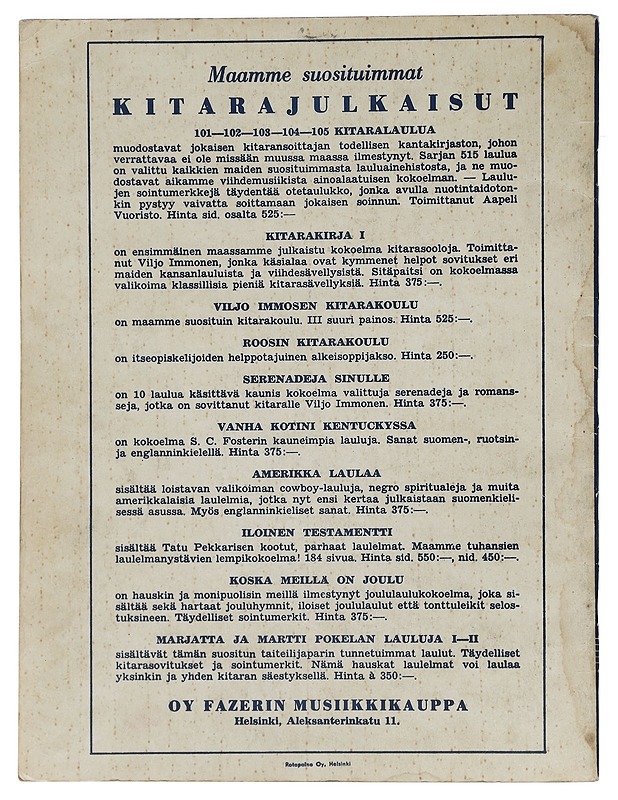 Kitarakirja, kokoelma kitarasooloja - Viljo Immonen - Musiikki- ja elokuvakirjat - 10105442761 - 1