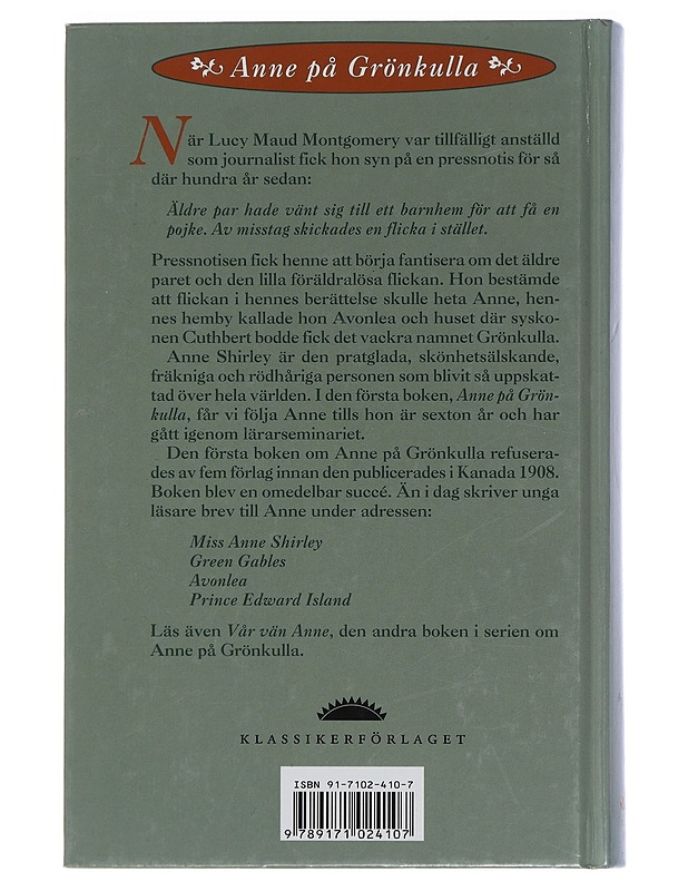 Anne på Grönkulla - Montgomery, L. M. - Nuorten kirjat - 10105443332 - 1