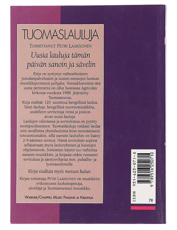 Tuomaslauluja - Laaksonen, Petri - Musiikki- ja elokuvakirjat - 10105453447 - 1