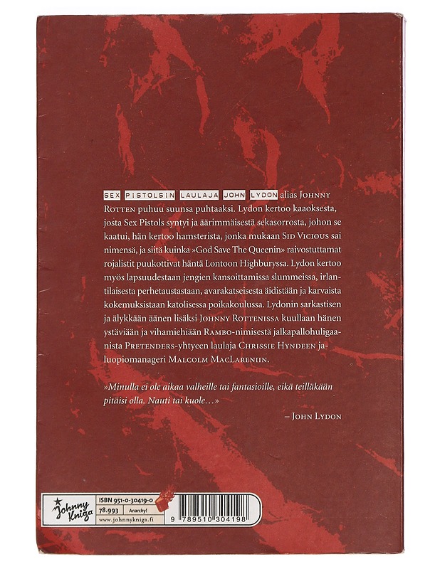 Johnny Rotten - Lydon, John - Elämäkerrat ja muistelmat - 10105461351 - 1
