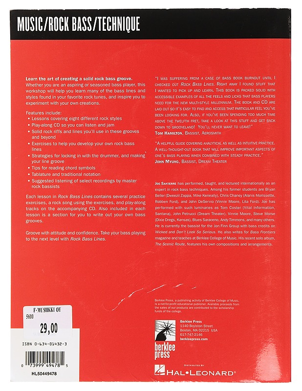 Rock bass lines - Joe Santerre - Musiikki- ja elokuvakirjat - 10105461359 - 1