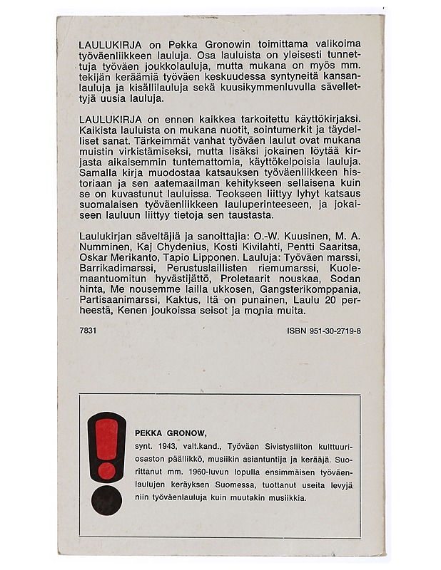 Laulukirja : työväen lauluja kahdeksalta vuosikymmeneltä - Gronow, Pekka - Musiikki- ja elokuvakirjat - 10105468450 - 1