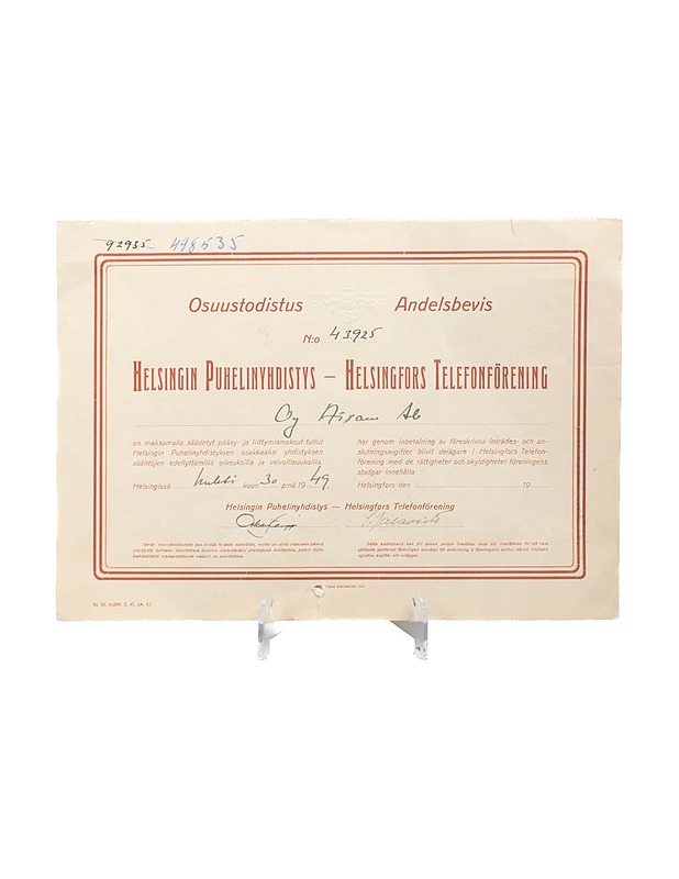 Vanha Helsingin Puhelinyhdistyksen osuustodistus - Koriste-esineet - 10105468542 - 0