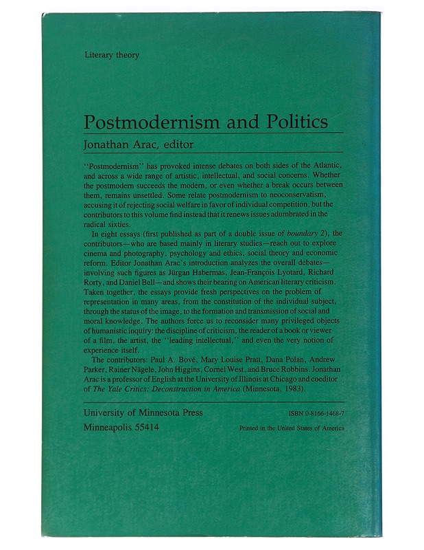 Postmodernism and Politics - Jonathan Arac - Tietokirjat ja oppaat - 10105472440 - 1