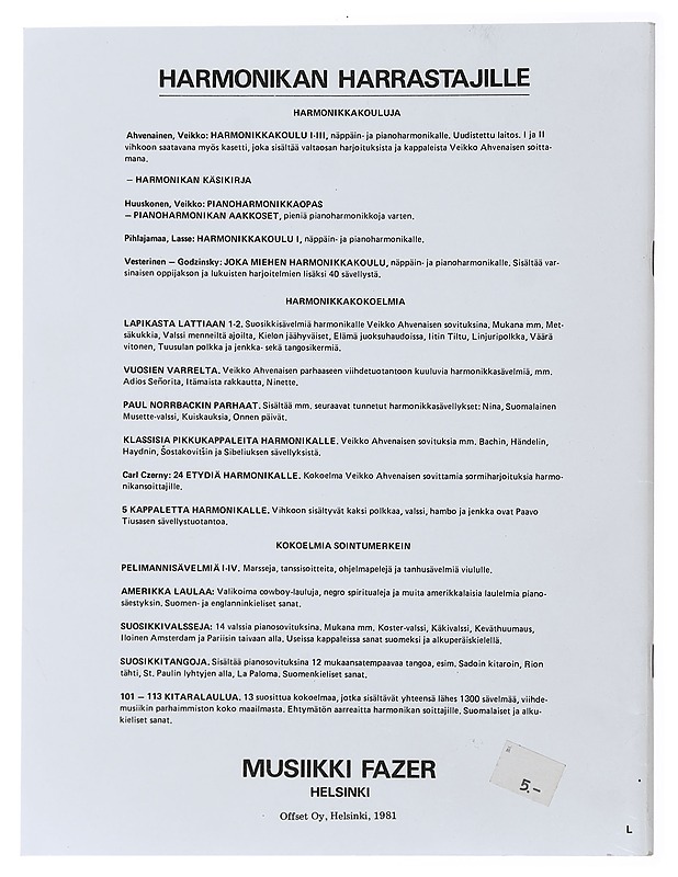 Pianoharmonikan alkeet - Veikko Huuskonen - Musiikki- ja elokuvakirjat - 10105474074 - 1