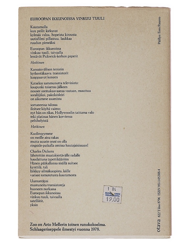 Zoo : runoja - Arto Melleri - Runot ja näytelmät - 10105476212 - 1