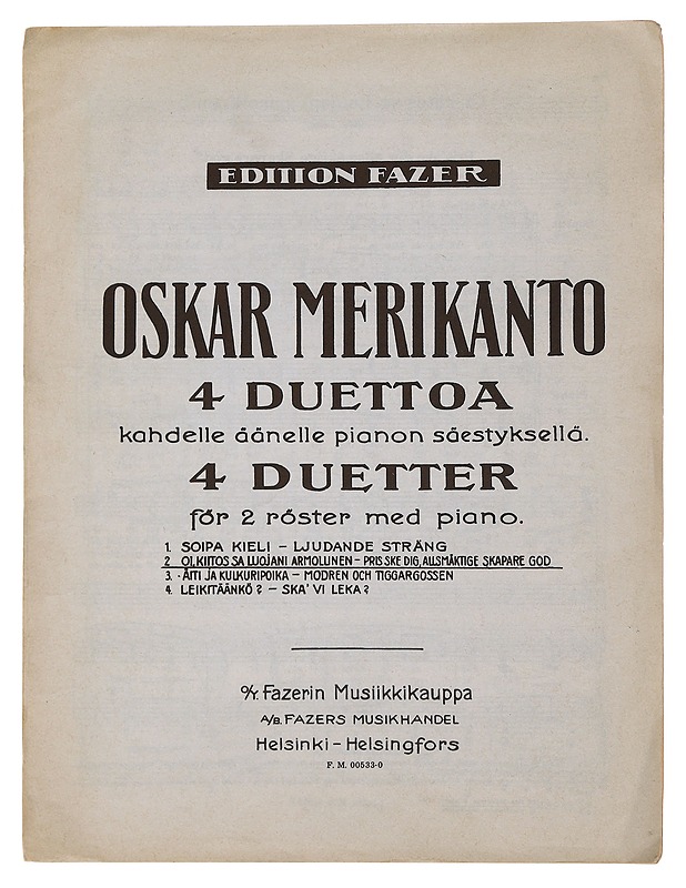 Oskar Merikanto 4 duettoa kahdelle äänelle pianon säestyksellä - Harrastekirjat - 10105476367 - 0