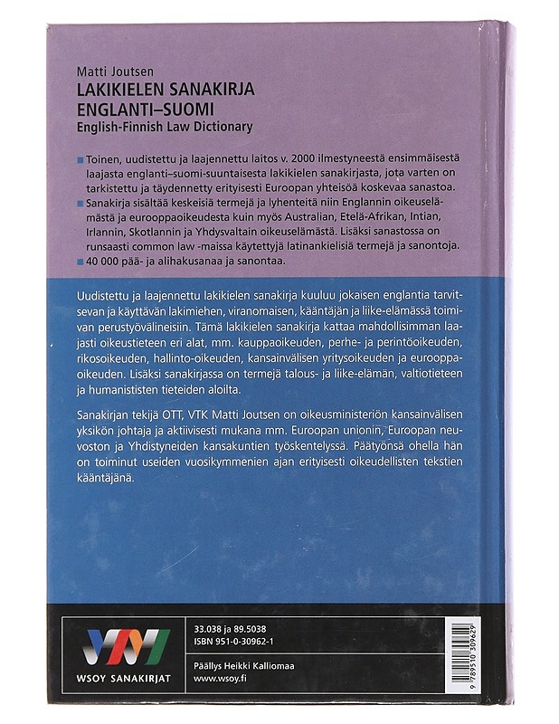 Lakikielen sanakirja : englanti-suomi = English-Finnish law dictionary - Matti Joutsen - Tietokirjat ja oppaat - 10105477455 - 1