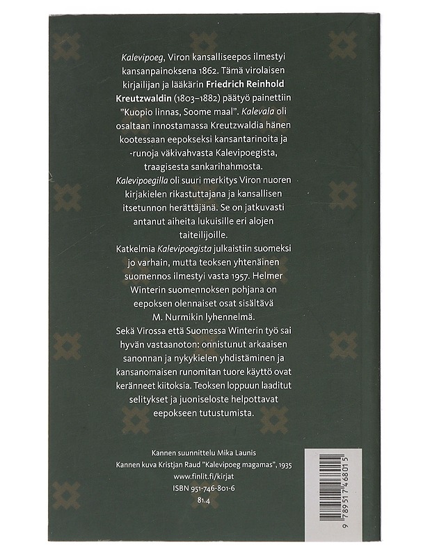 Kalevipoeg : Viron sankarieepos - Kreutzwald, Friedrich Reinhold - Romaanit ja novellit - 10105483945 - 1