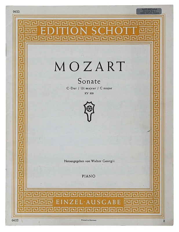 Mozart Sonate c major kc 309 - Herausgegeben von Walter Georgii - Musiikki- ja elokuvakirjat - 10105484971 - 0