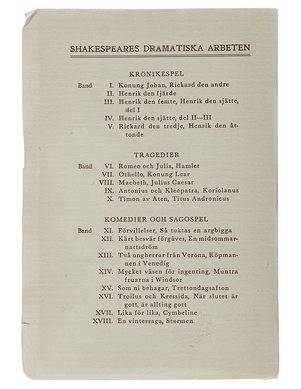 Shakespeares dramatiska arbeten : Krönikespel - Karl August Hagberg  - Runot ja näytelmät - 10105489854 - 1