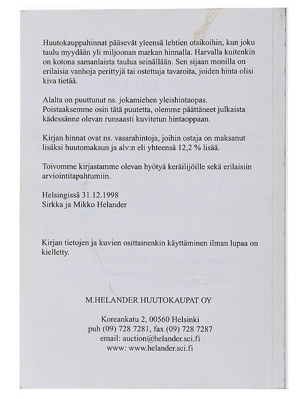 Helanderilla huudettua 1998: jokamiehen kuvitettu hinta opas keräilijöille nro 1 - Sirkka Helander - Harrastekirjat - 10105492664 - 1