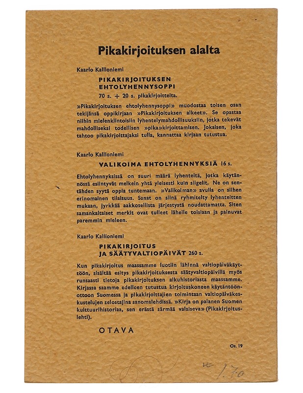 Pikakirjoituksen alkeet - Kallioniemi, Kaarlo - Opetusmateriaaleja ympäristökasvatukseen - 10105495144 - 1