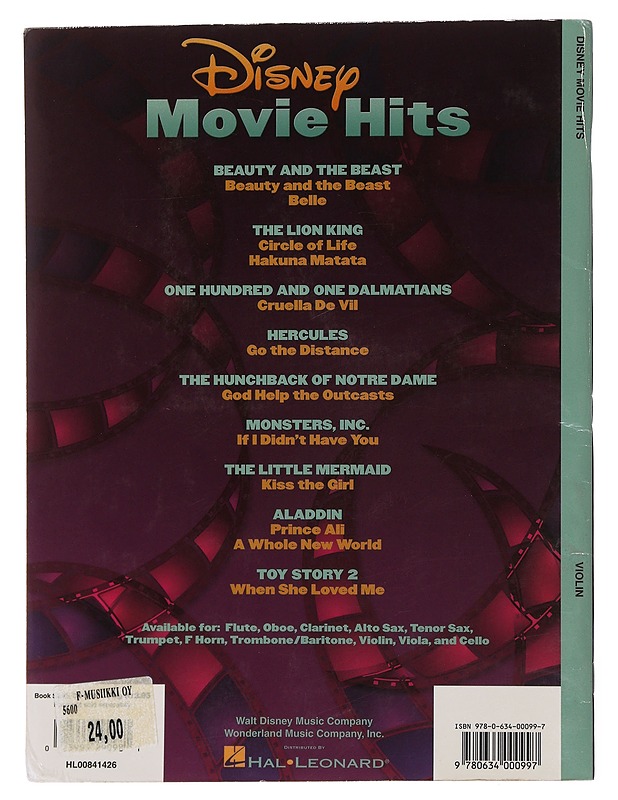 Disney movie hits : violin - Menken, Alan - Musiikki- ja elokuvakirjat - 10105496783 - 1