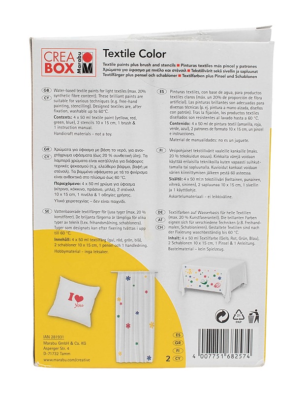 CREABOX Marabu textile colour, 4 väriä - Käsityö - 10105498113 - 1